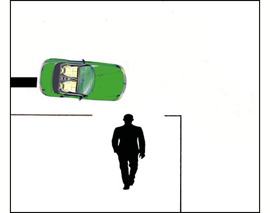 Drawing shows a pedestrian at a corner with the parallel street on the right.  A vehicle in the first lane of the street in front of him is approaching from the left and starting to turn right.